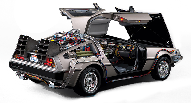 The DeLorean with raised hood and doors