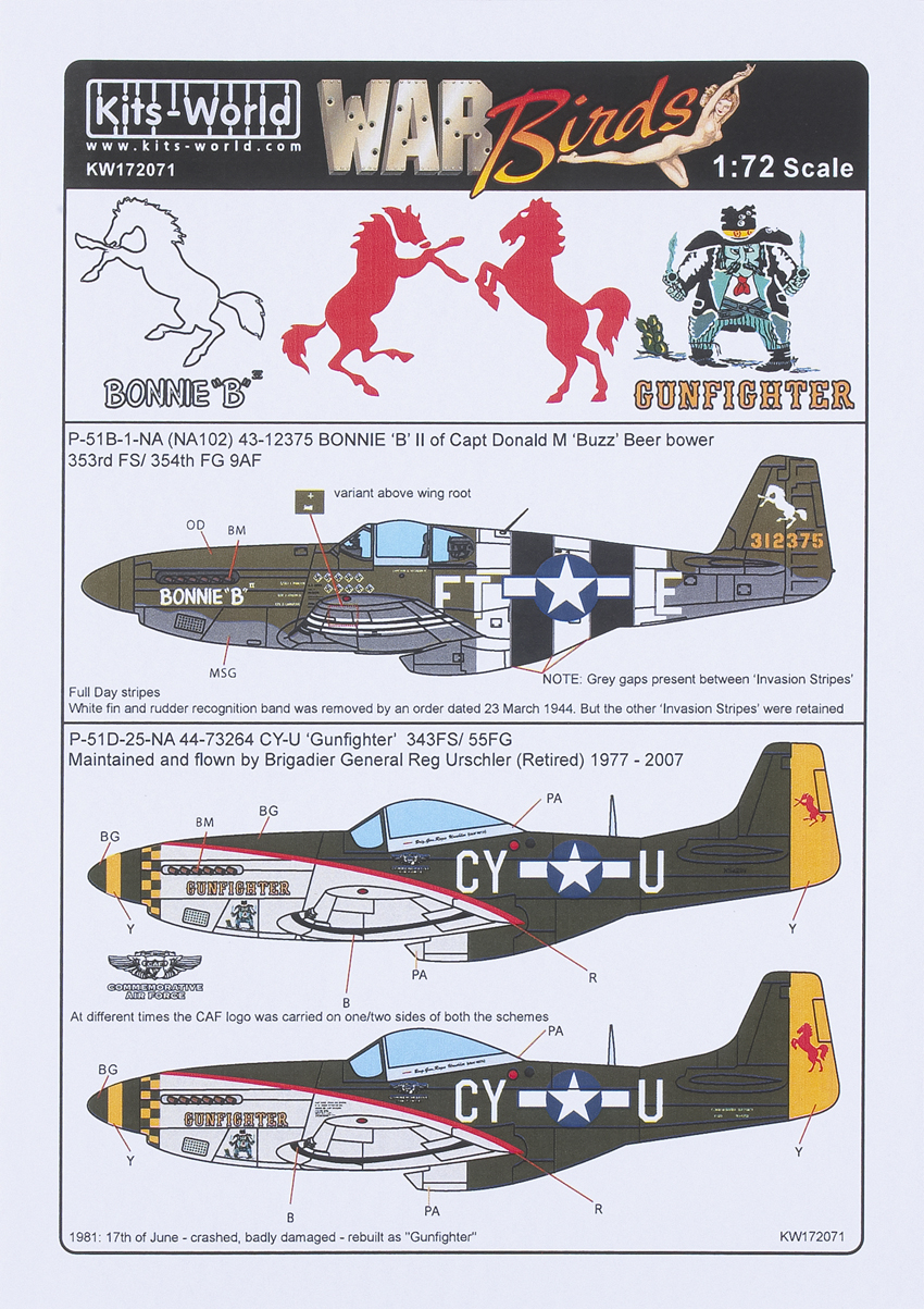 P-51B-1-NA (NA102) 43-12375 Bonnie B II of Capt. Donald M Buzz Beerbower 353rd FS354th FG 9th AF-P-51D-25-NA 44-73264 CY-U Gunfighter 343FS/55FG