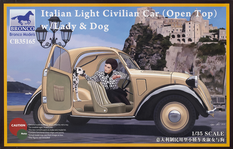 italian light civilian car (open top) with lady and dog