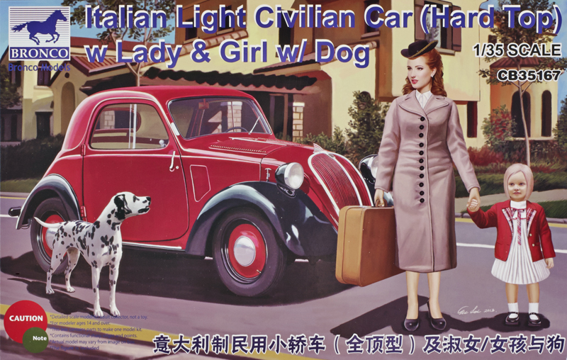 Italian light civilian car (hard top) with lady and girl with dog