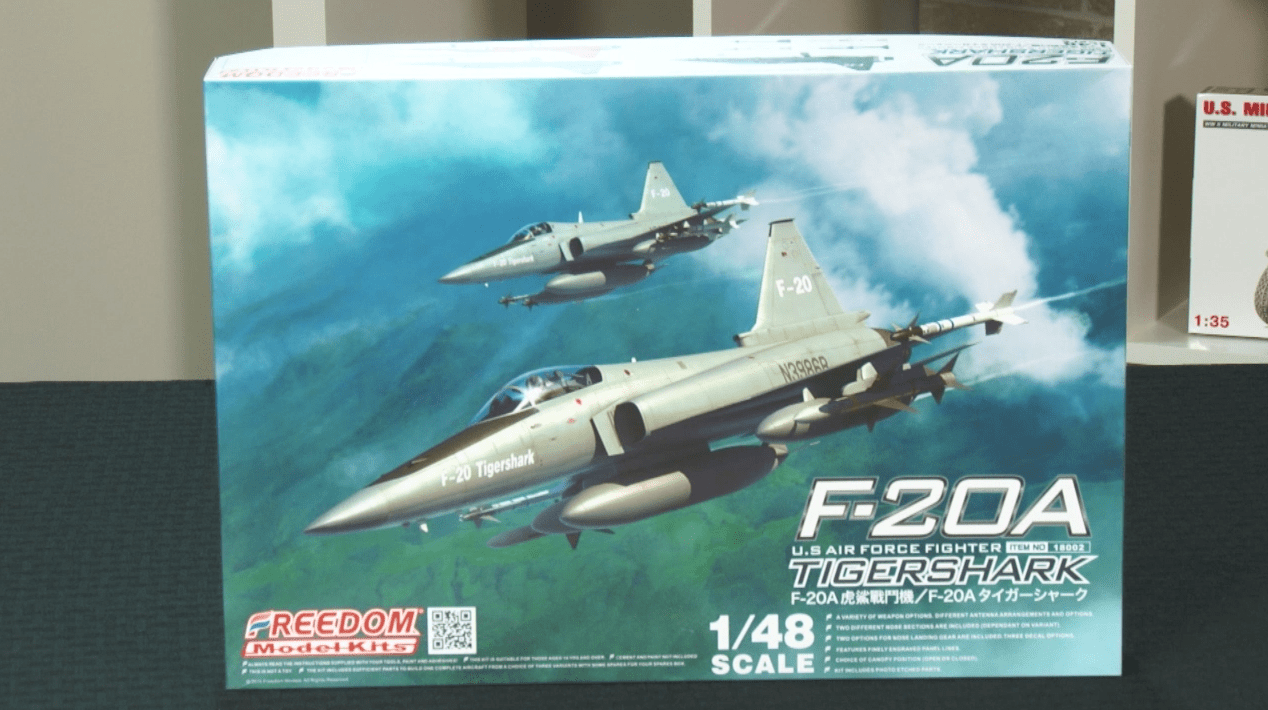 Freedom Model Kits F-20A, Zvezda King Tiger, Italeri Bell 412 helicopter, and MiniArt U.S. Army bulldozer