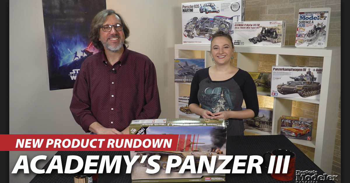 Academy Panzer III Ausf J, Italeri T-33A Shooting Star, Duke Hawkins “Aircraft in Detail” books, Tamiya Lotus Super 7, Polar Lights “Star Trek” Galileo shuttlecraft, and Zvezda T-34/76