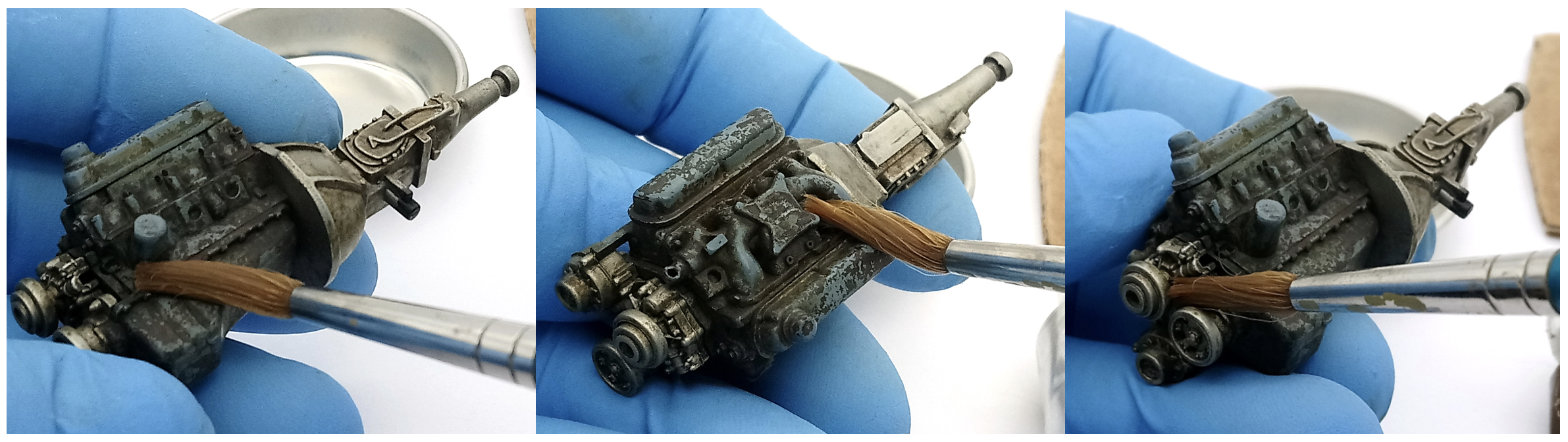 washes on a scale model truck engine